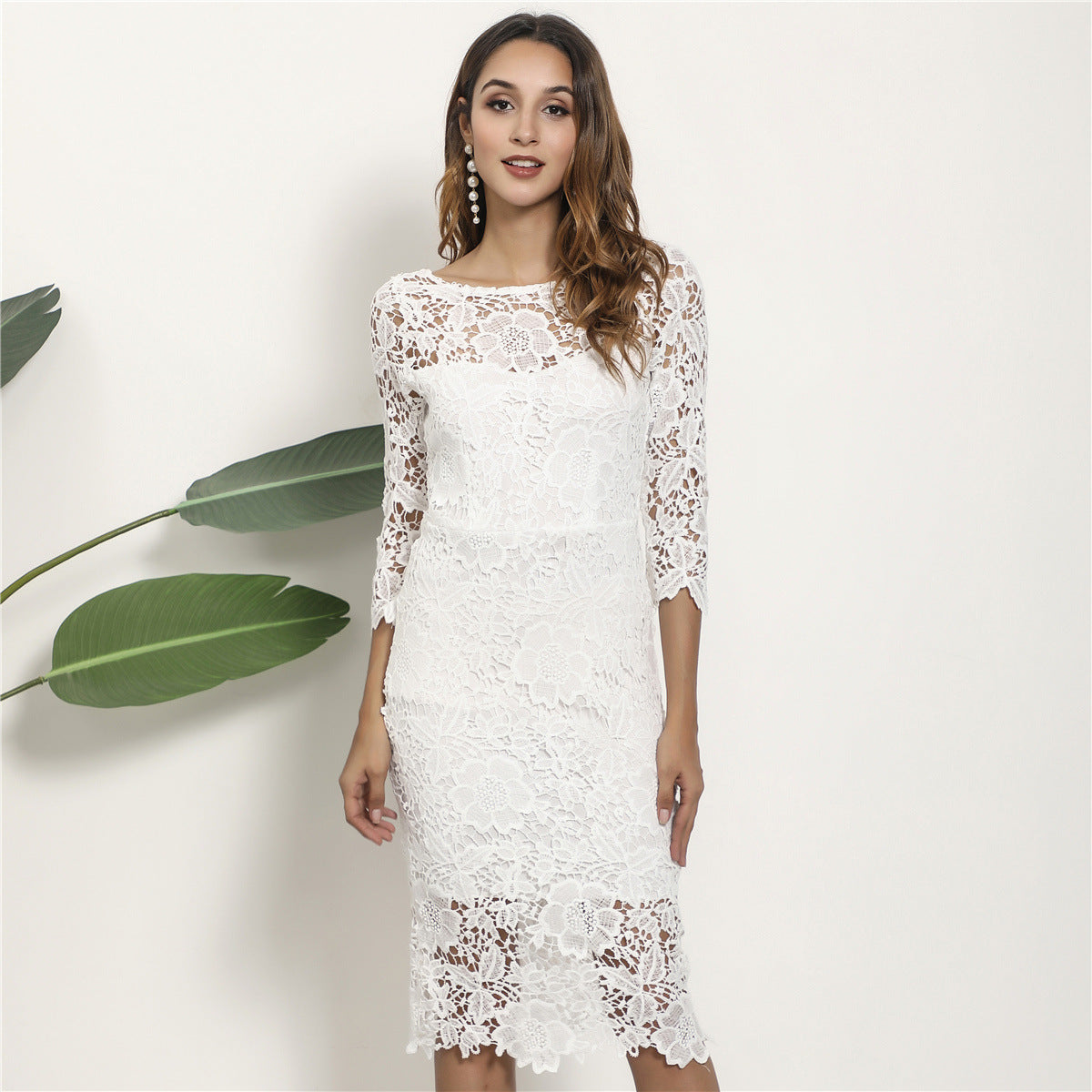 Summer New Long Sleeve Sexy Hollow Out Lace Midi Dress Ooho