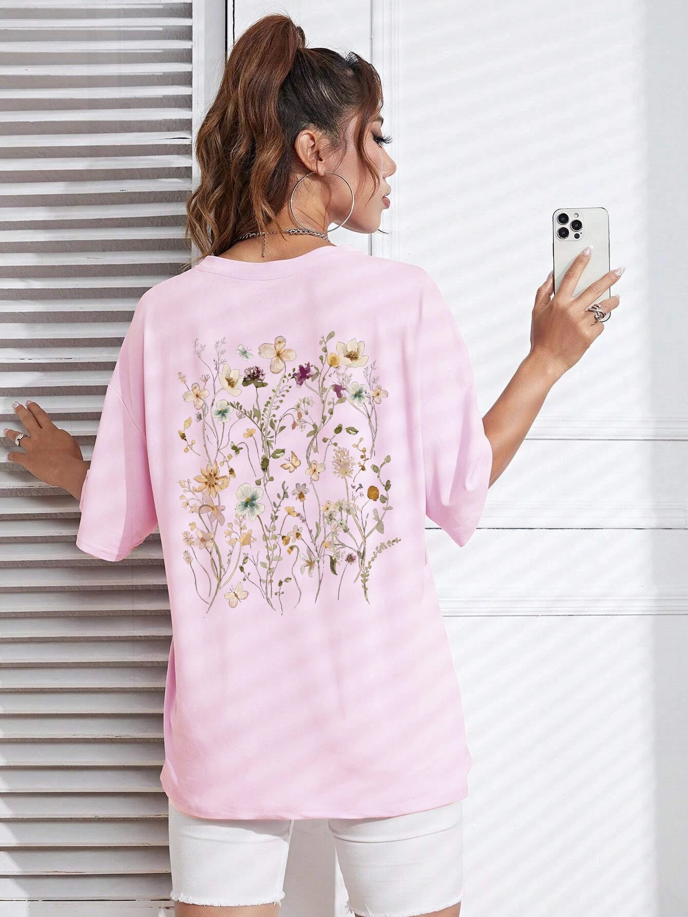 Beautiful Flower Clusters Print Cotton Women T-shirts Casual Ooho
