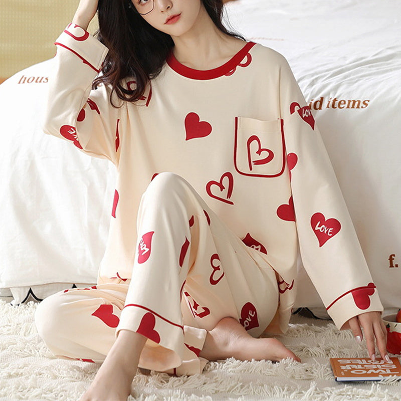 Loose Print Pajamas Women Autumn Winter Pyjama Set Long Sleeves And Trousers Elegant Sleepwear Girl Loungewear Home Clothes Ooho