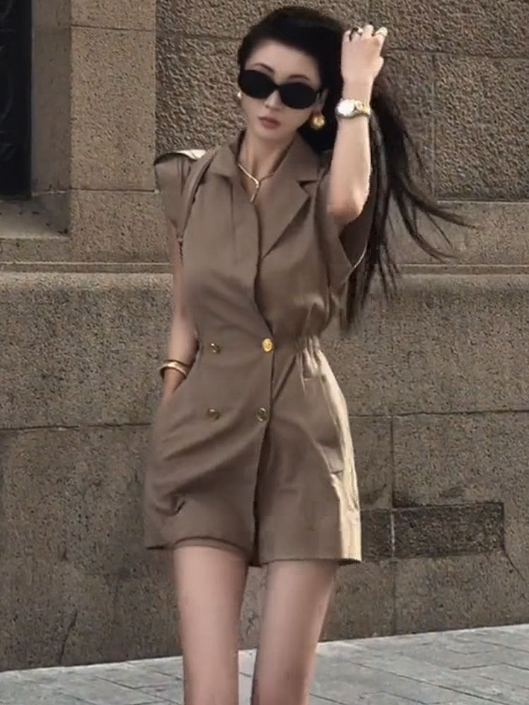 Sleeveless Cargo Jumpsuit for Women | One-Piece Utility Culottes with Suit Collar Ooho
