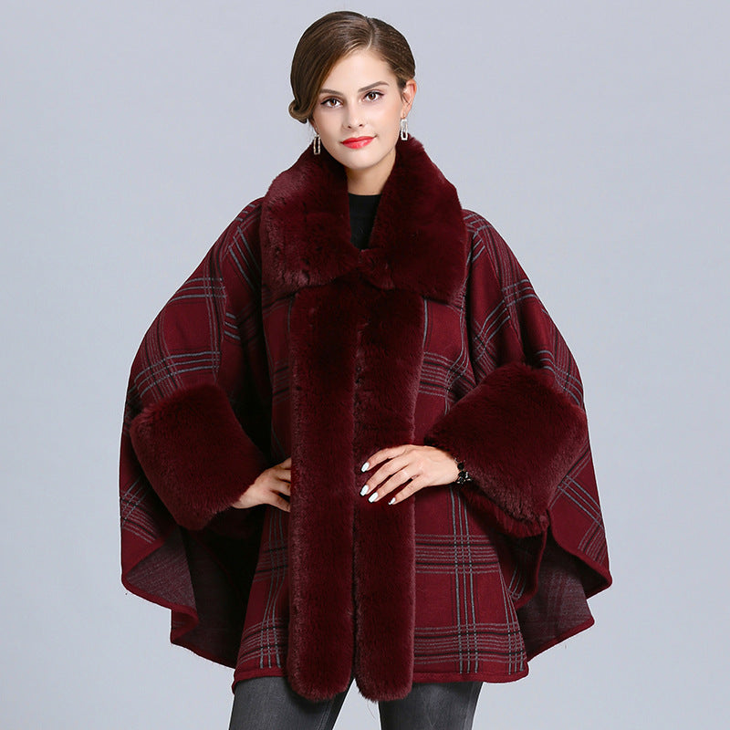 Women's Winter Plaid Poncho – Faux Fox Fur Neck Cape Shawl Wrap Ooho
