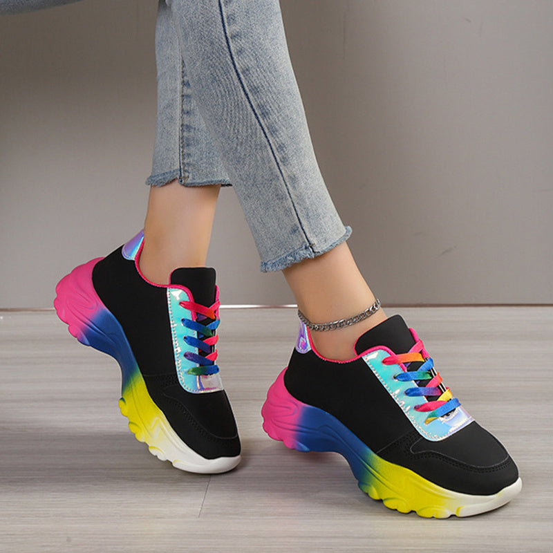 INS Style Rainbow Color Sports Shoes For Women Thick Bottom Lace-up Sneakers Fashion Casual Lightweight Running Walking Shoes Ooho