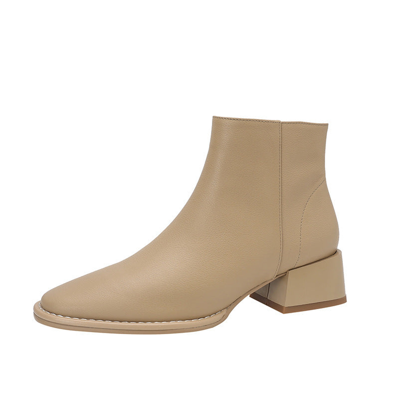 Simple All-match Soft Cowhide Boots Autumn And Winter New Thick Mid Heel Round Toe Brown Ankle Boots For Women Ooho
