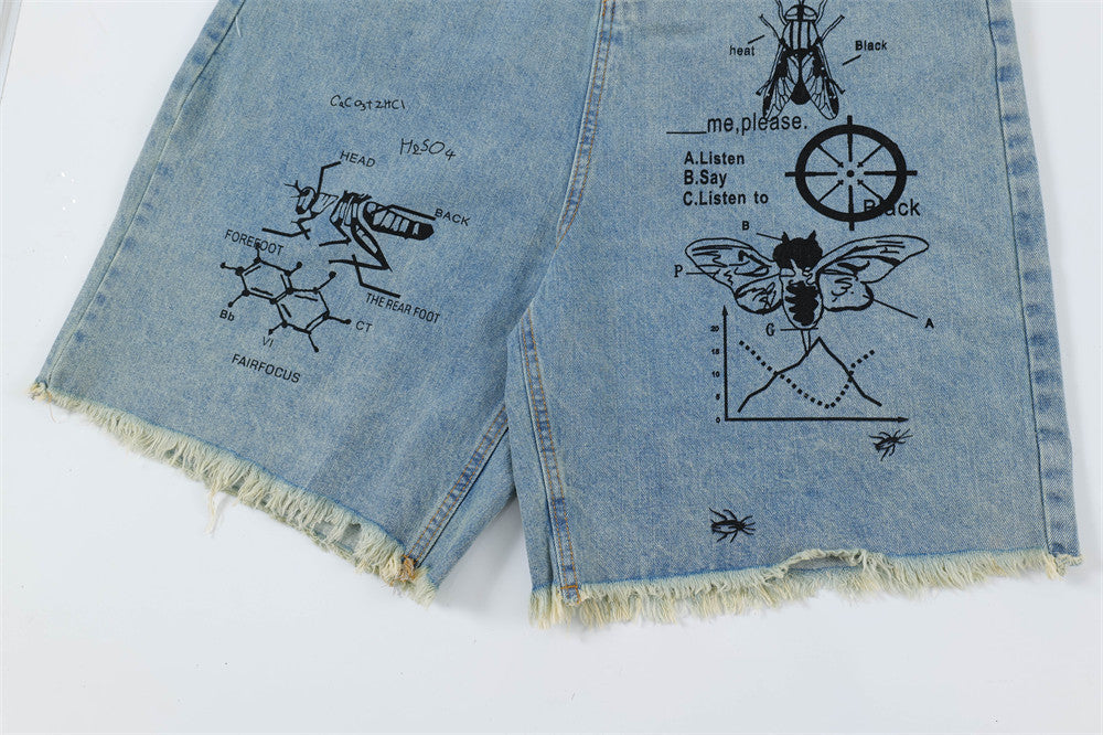 Printed Denim Straight Shorts For Men Ooho