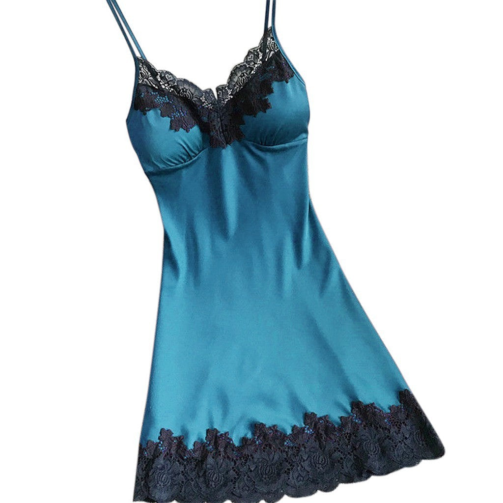 Large Size Sexy Suspender Dress Satin Lace Stitching Nightdress Ooho