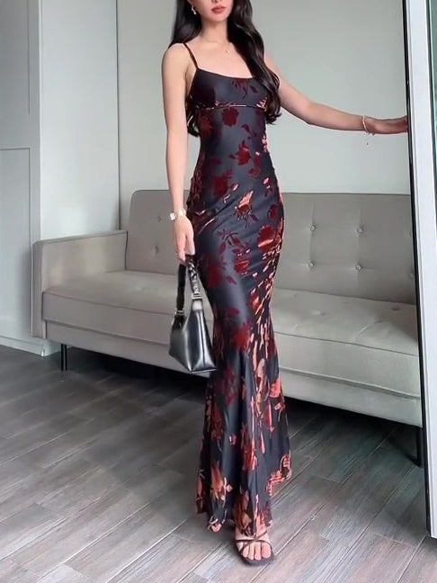 Flocked Strappy Maxi Dress Ooho