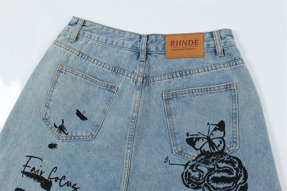 Printed Denim Straight Shorts For Men Ooho