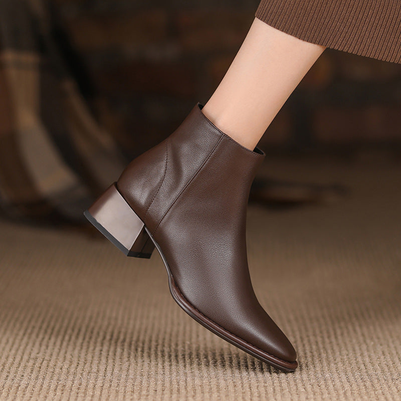 Simple All-match Soft Cowhide Boots Autumn And Winter New Thick Mid Heel Round Toe Brown Ankle Boots For Women Ooho
