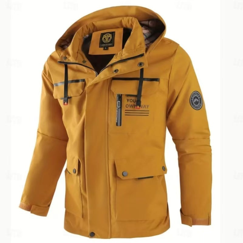 Men's Casual Hooded Jacket Parka Autumn And Winter Warm Solid Color Windproof Coat Outdoor Clothes With Multiple Pockets Ooho