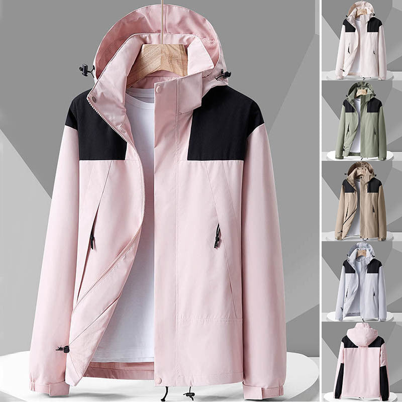 Hooded Windbreaker Unisex Fashion Colorblock Zip-up Jacket With Pockets Waterproof Outwear For Women Men Clothing Ooho