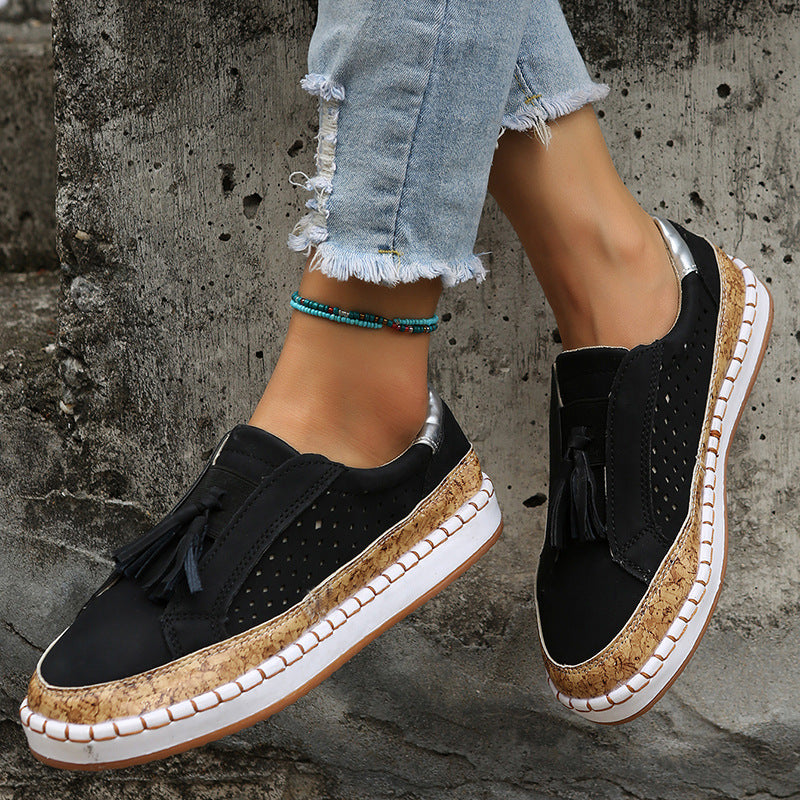 Tassel Shoes Women's Color Matching Round Toe Flats Ooho