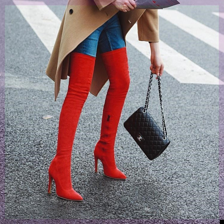 Women Stretch Knee Big Red Boots Ooho