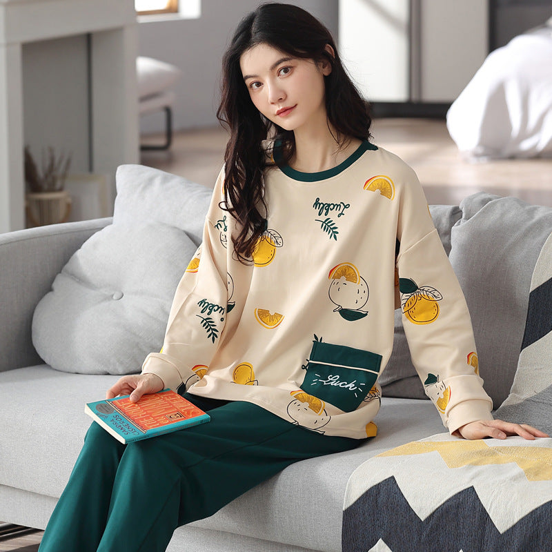 Loose Print Pajamas Women Autumn Winter Pyjama Set Long Sleeves And Trousers Elegant Sleepwear Girl Loungewear Home Clothes Ooho