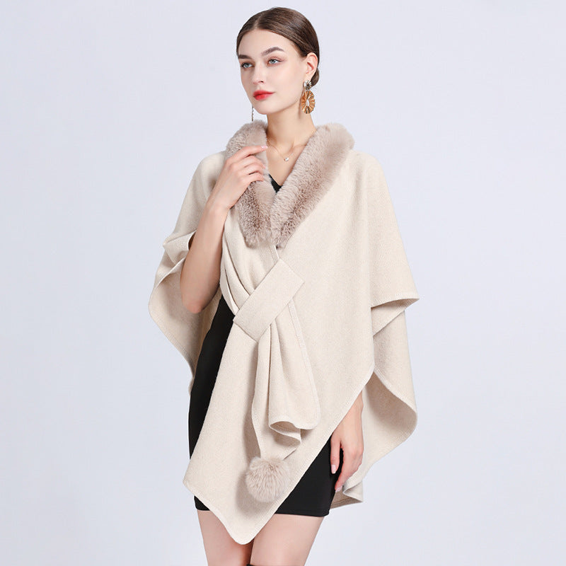 Imitation Rex Rabbit Fur Collar Cape and Shawl for Women – Loose Knitted Cardigan Ooho