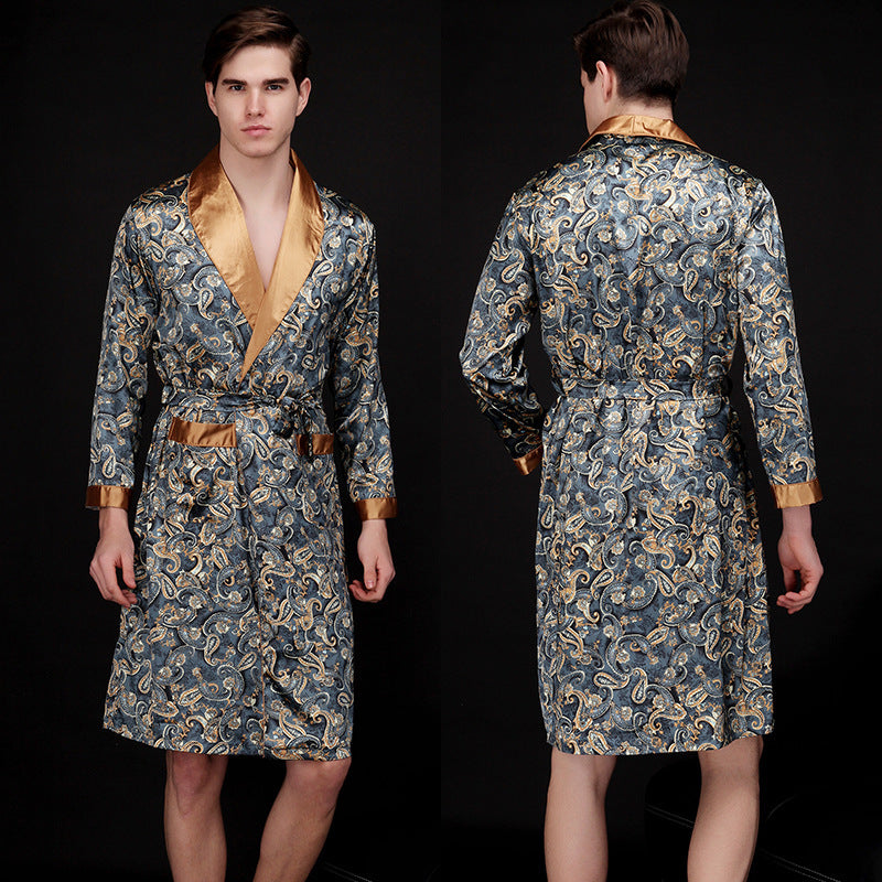 Men's Summer Long Ice Silk Pajamas Nightgown Ooho