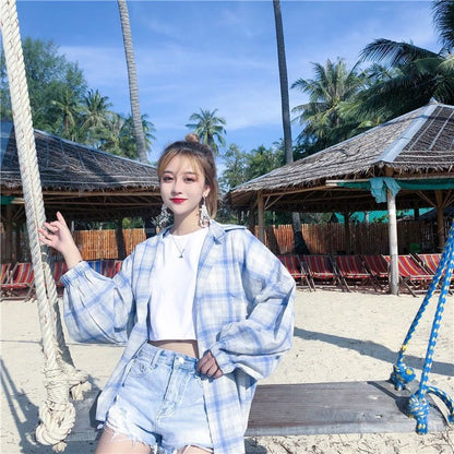 Women Blouses Shirts Plaid Oversize Thin Casual Sun-protect Ooho