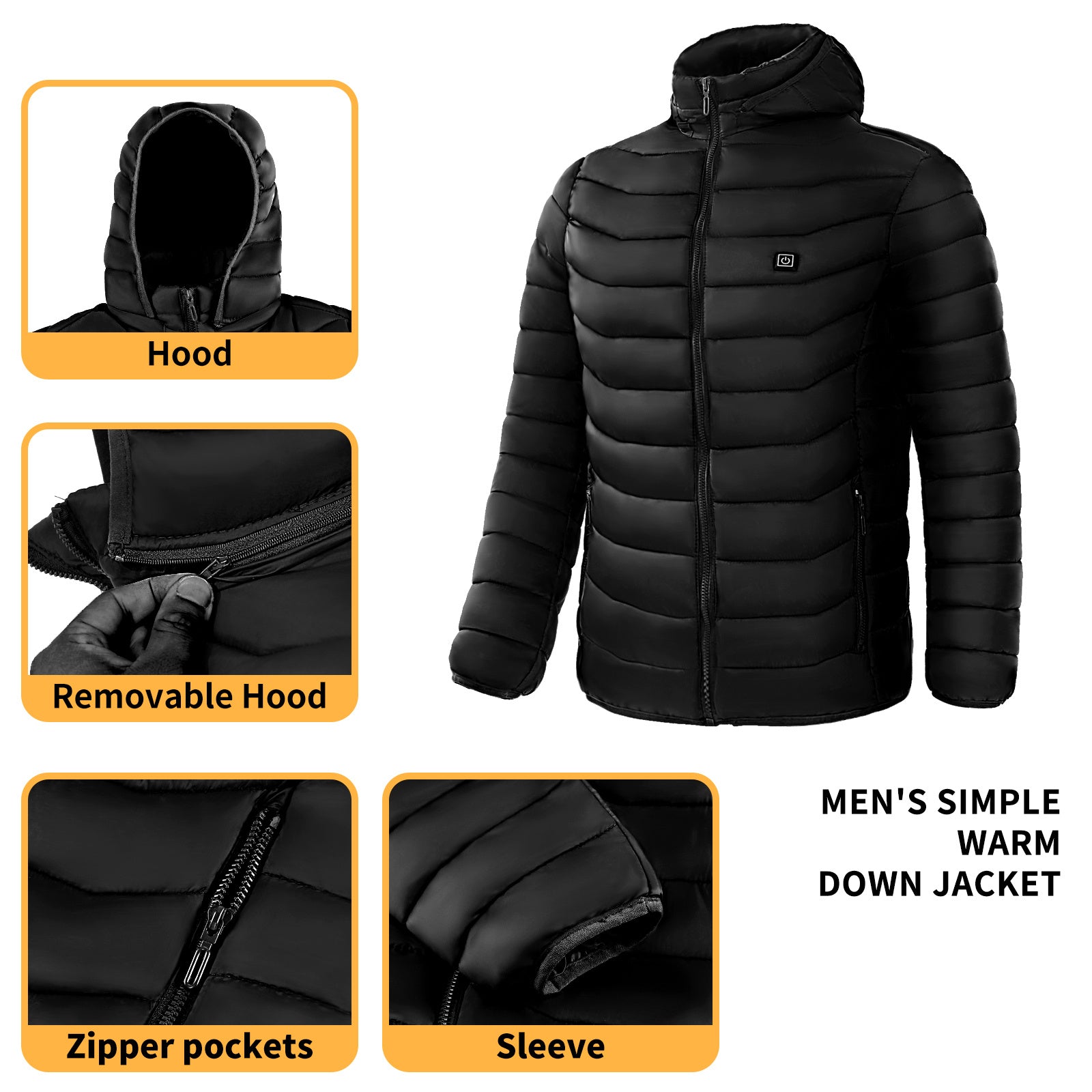 Men Heated Puffer Jacket Electric Heating Coat Insulated Hood Windbreaker Ooho