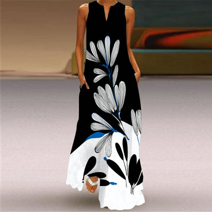 Summer Women's Sleeveless Maxi Dress V-neck Print Dress Ooho