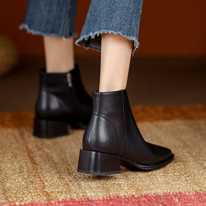 Simple All-match Soft Cowhide Boots Autumn And Winter New Thick Mid Heel Round Toe Brown Ankle Boots For Women Ooho