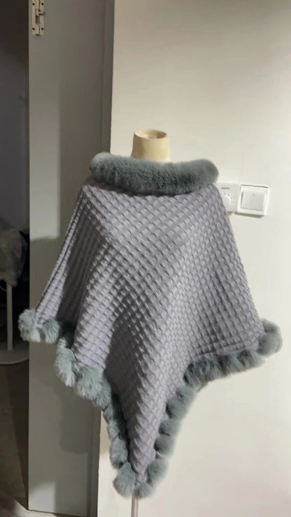 "Luxury Rex Rabbit Fur Collar Shawl Cape – Elegant Winter Wrap for Women | Graceful Cloak for Parties & Weddings