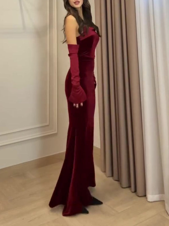 Burgundy Velvet Strapless Maxi Dress | Elegant Evening Gown Ooho