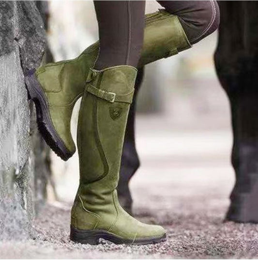 Classic Fashion Riding Western Boots Winter Knee Buckle Boots High Block Heel Round Toe Shoes For Women Ooho