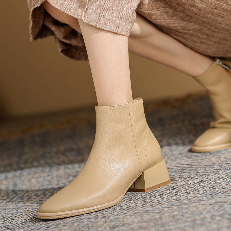 Simple All-match Soft Cowhide Boots Autumn And Winter New Thick Mid Heel Round Toe Brown Ankle Boots For Women Ooho
