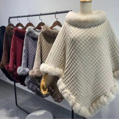 "Luxury Rex Rabbit Fur Collar Shawl Cape – Elegant Winter Wrap for Women | Graceful Cloak for Parties & Weddings Ooho