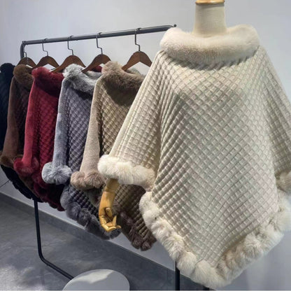 "Luxury Rex Rabbit Fur Collar Shawl Cape – Elegant Winter Wrap for Women | Graceful Cloak for Parties & Weddings