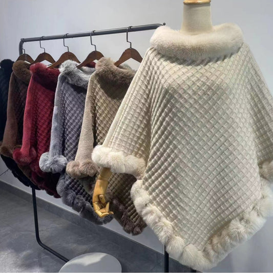 "Luxury Rex Rabbit Fur Collar Shawl Cape – Elegant Winter Wrap for Women | Graceful Cloak for Parties & Weddings