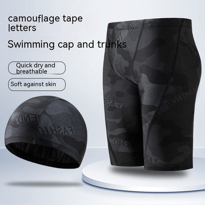 Men's Camouflage Letters Quick-drying Swimming Trunks Swimming Cap Ooho