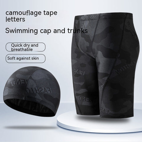 Men's Camouflage Letters Quick-drying Swimming Trunks Swimming Cap Ooho