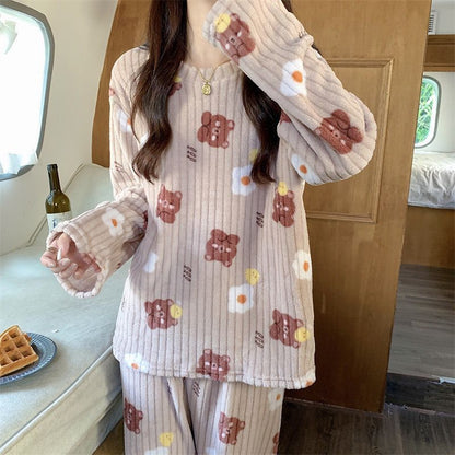 Women's Pajamas Autumn Winter Warm Pyjamas Sets Thick Coral Long Sleeve Cute Cartoon Bear Sleepwear Home Nightclothes Ooho