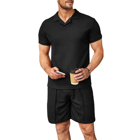 2pcs Set Men V Neck Polo Shirt Lapel Short Sleeve Men's Suit Waffle Style Casual Fashion T-Shirt Summer Ooho