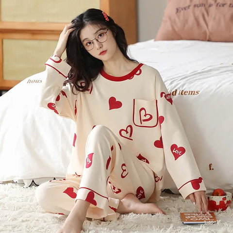 Loose Print Pajamas Women Autumn Winter Pyjama Set Long Sleeves And Trousers Elegant Sleepwear Girl Loungewear Home Clothes Ooho