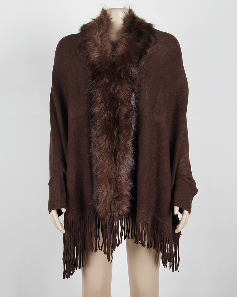 Women's Fringed Cloak Shawl with Fur Collar – Elegant Cape Cardigan for Winter Style Ooho