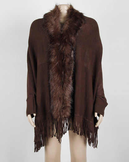 Women's Fringed Cloak Shawl with Fur Collar – Elegant Cape Cardigan for Winter Style Ooho