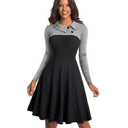 Contrast Stitching Lapel A-Line Dress for Women | Chic Button-Up Flared Dress Ooho