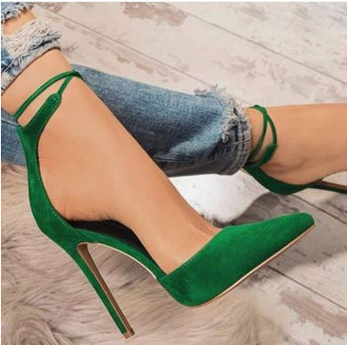 Pointed sexy hollow fashion rivet one-line high heel sandals plus size Ooho