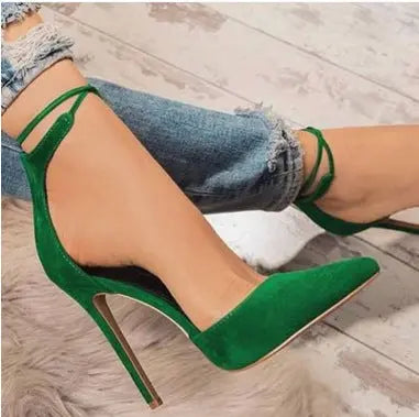 Pointed sexy hollow fashion rivet one-line high heel sandals plus size Ooho