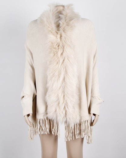 Women's Fringed Cloak Shawl with Fur Collar – Elegant Cape Cardigan for Winter Style Ooho