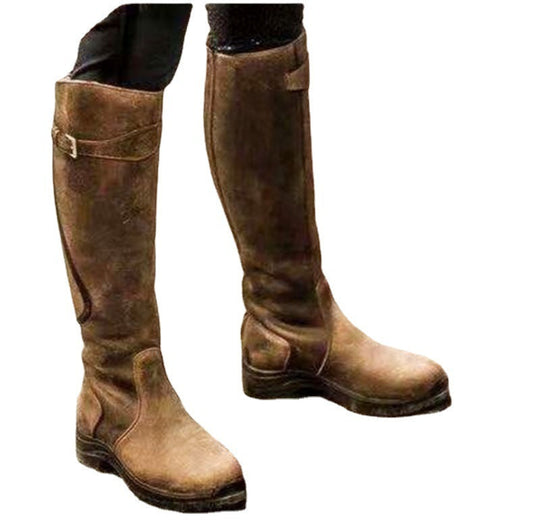 Classic Fashion Riding Western Boots Winter Knee Buckle Boots High Block Heel Round Toe Shoes For Women Ooho