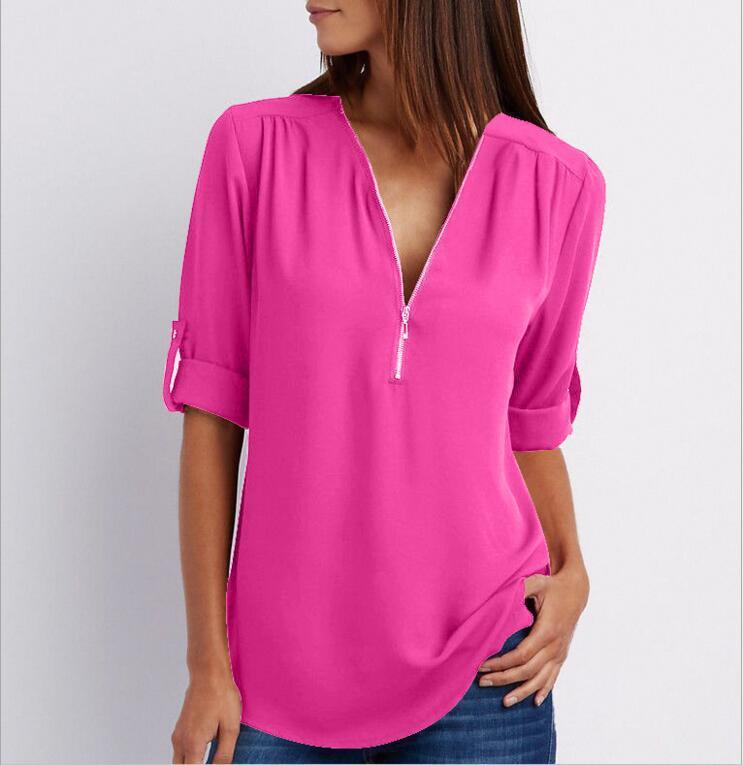 Zip V-neck Shirts Women Short Sleeve Loose Tops Ooho