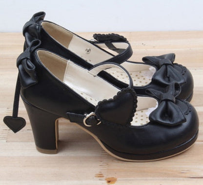 LINK Harajuku Lolita Pumps Patent Leather High Heels Solid Bowtie Maid Cosplay Shoes Soft Women Mary Janes Evening Shoes Ooho