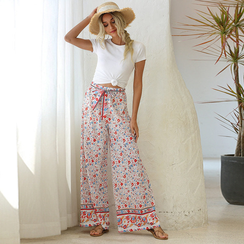 Women’s Floral Geometric Print Palazzo Pants | High-Waisted Elastic Trousers for Comfort & Style Ooho