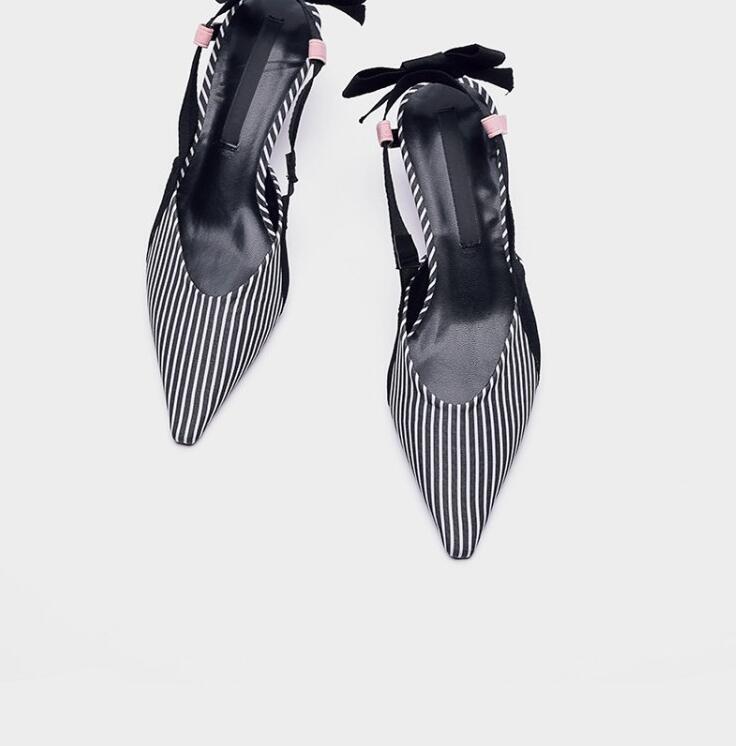 Boussac Stripe Kitten Heel Women Mules Pointed Toe Bowtie Women Sandals High Heels Summer Slip on Shoes Women SWC0112 Ooho