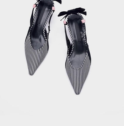 Boussac Stripe Kitten Heel Women Mules Pointed Toe Bowtie Women Sandals High Heels Summer Slip on Shoes Women SWC0112 Ooho