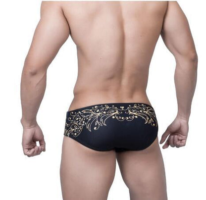 Men Short Swim Briefs Vintage Gold Foil Printed Swimsuit Ooho