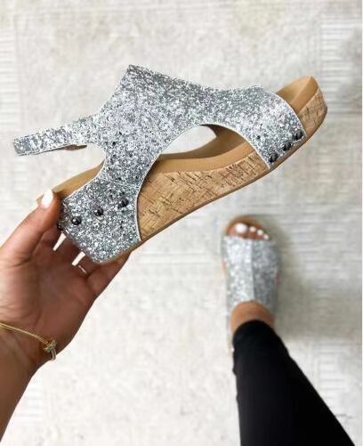 Summer Chunky Wedges Sandals Fashion Sequins Velcro Shoes Women Ooho