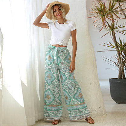 Women’s Floral Geometric Print Palazzo Pants | High-Waisted Elastic Trousers for Comfort & Style Ooho